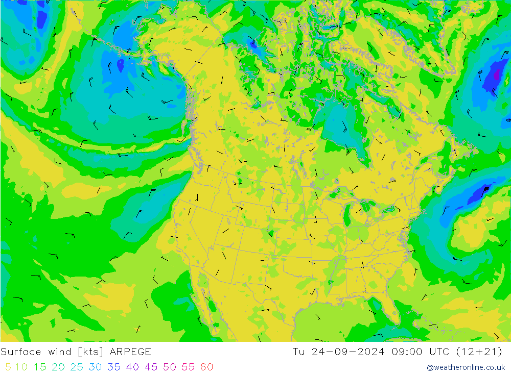 Surface wind ARPEGE Tu 24.09.2024 09 UTC