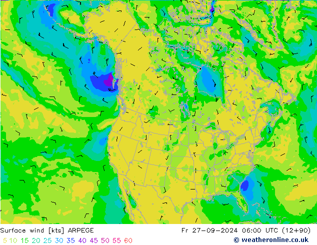 Wind 10 m ARPEGE vr 27.09.2024 06 UTC