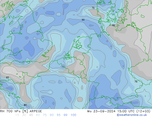 Humedad rel. 700hPa ARPEGE lun 23.09.2024 15 UTC