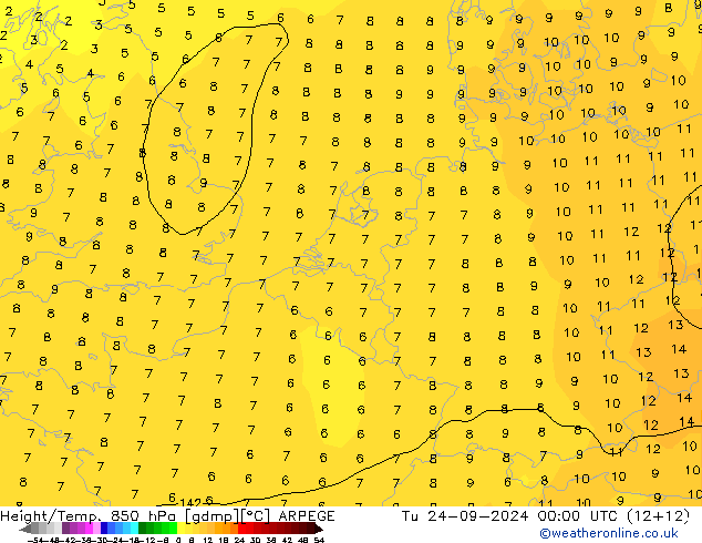 Height/Temp. 850 hPa ARPEGE Di 24.09.2024 00 UTC