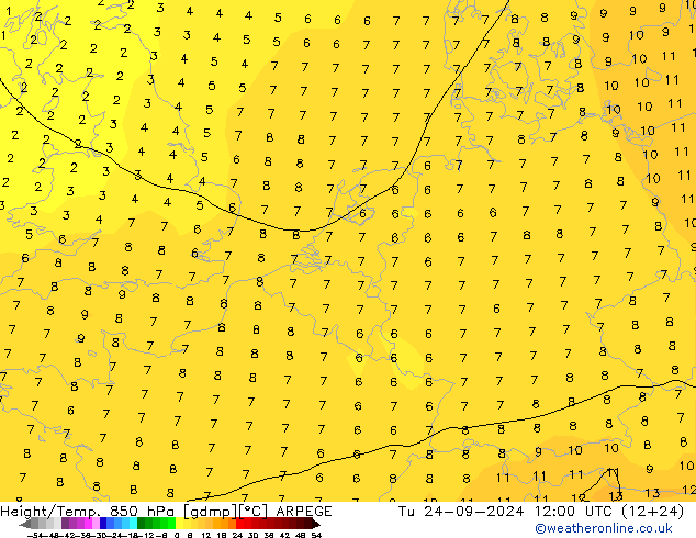 Height/Temp. 850 hPa ARPEGE Di 24.09.2024 12 UTC