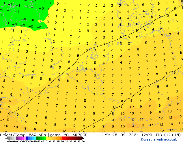 Height/Temp. 850 hPa ARPEGE We 25.09.2024 12 UTC