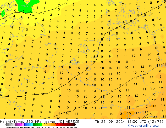 Height/Temp. 850 гПа ARPEGE чт 26.09.2024 18 UTC