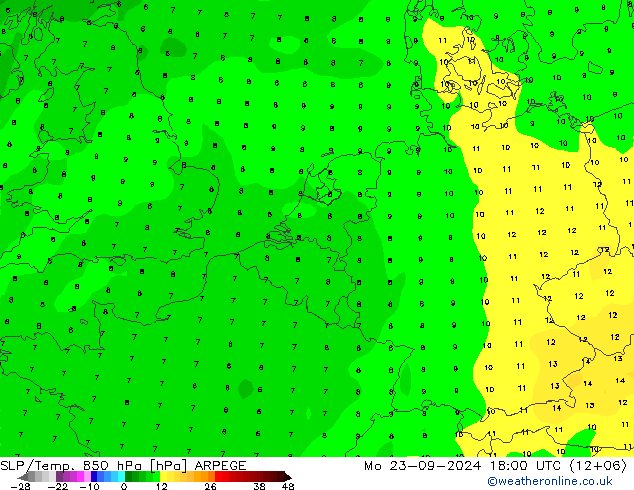 SLP/Temp. 850 hPa ARPEGE Mo 23.09.2024 18 UTC