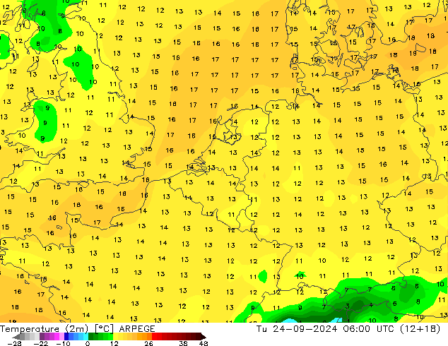 Temperature (2m) ARPEGE Tu 24.09.2024 06 UTC