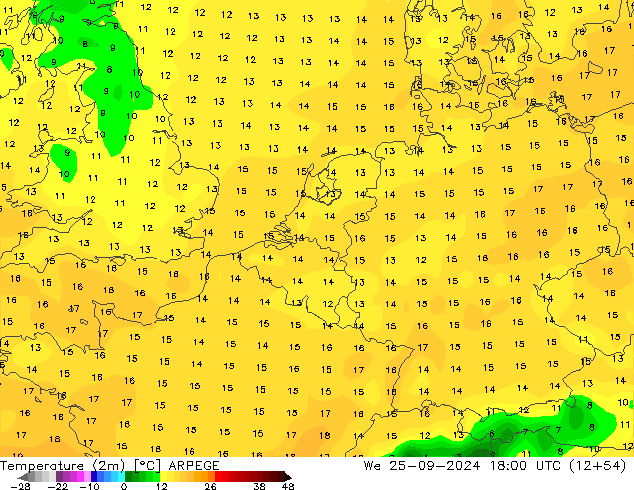 température (2m) ARPEGE mer 25.09.2024 18 UTC