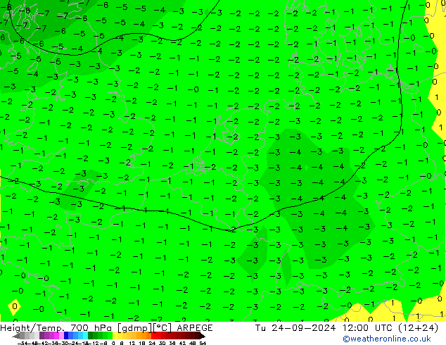 Height/Temp. 700 hPa ARPEGE Tu 24.09.2024 12 UTC