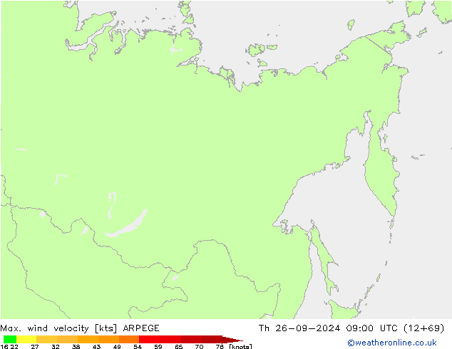 Max. wind velocity ARPEGE czw. 26.09.2024 09 UTC