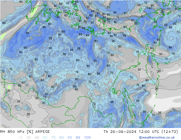 RH 850 гПа ARPEGE чт 26.09.2024 12 UTC