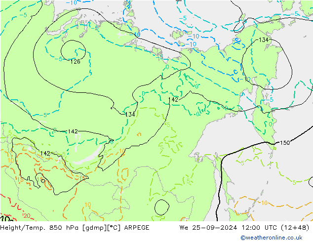 Geop./Temp. 850 hPa ARPEGE mié 25.09.2024 12 UTC