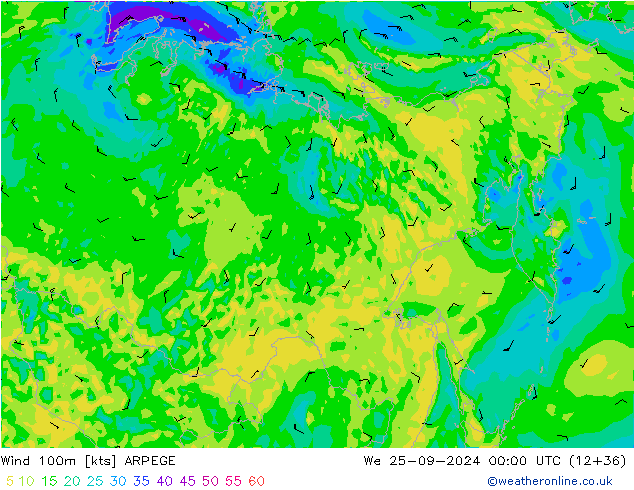 Vento 100m ARPEGE mer 25.09.2024 00 UTC