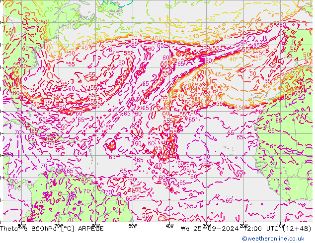 Theta-e 850hPa ARPEGE mer 25.09.2024 12 UTC