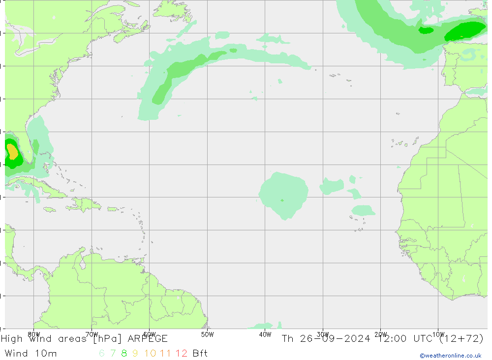 High wind areas ARPEGE Th 26.09.2024 12 UTC