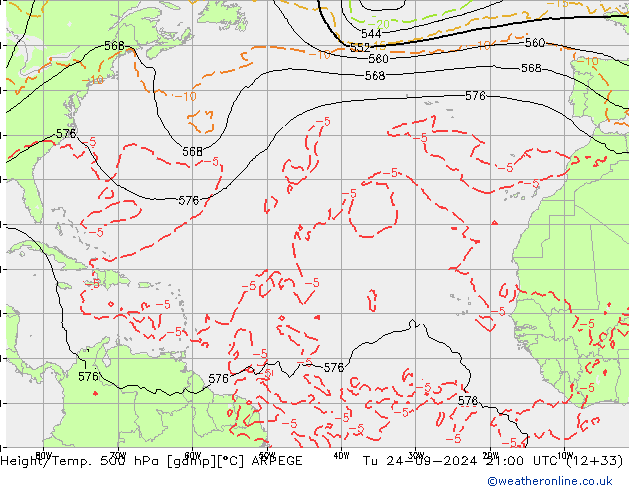 Height/Temp. 500 hPa ARPEGE  24.09.2024 21 UTC