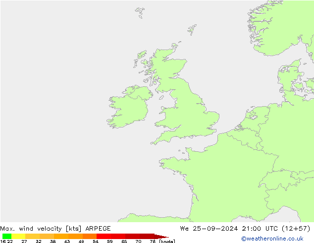 Max. wind velocity ARPEGE St 25.09.2024 21 UTC