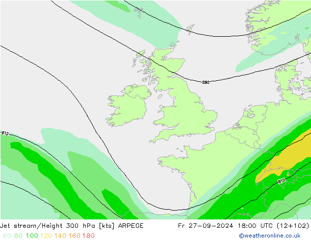 Jet stream/Height 300 hPa ARPEGE Pá 27.09.2024 18 UTC