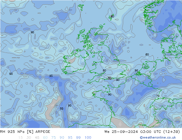 RH 925 hPa ARPEGE Qua 25.09.2024 03 UTC