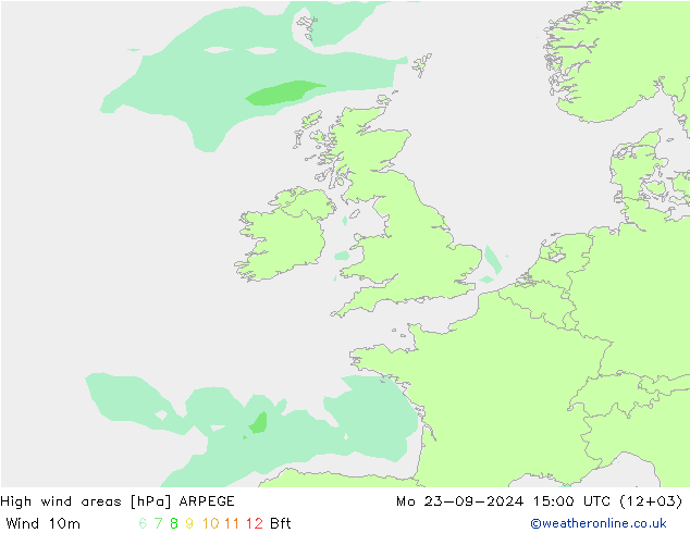 High wind areas ARPEGE Mo 23.09.2024 15 UTC