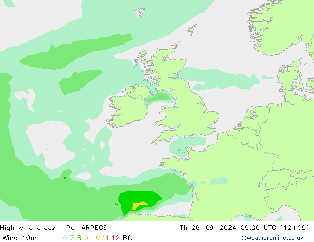 High wind areas ARPEGE jeu 26.09.2024 09 UTC