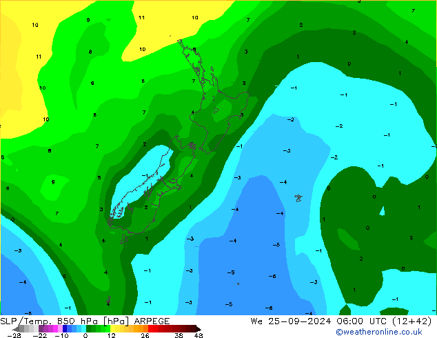 SLP/Temp. 850 hPa ARPEGE Qua 25.09.2024 06 UTC