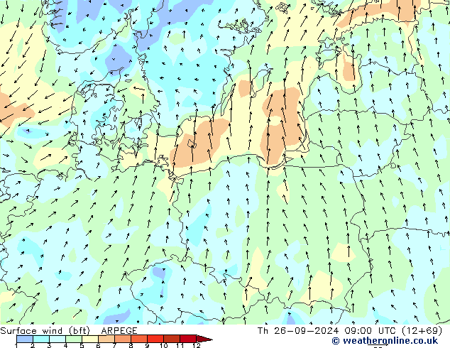 Vent 10 m (bft) ARPEGE jeu 26.09.2024 09 UTC