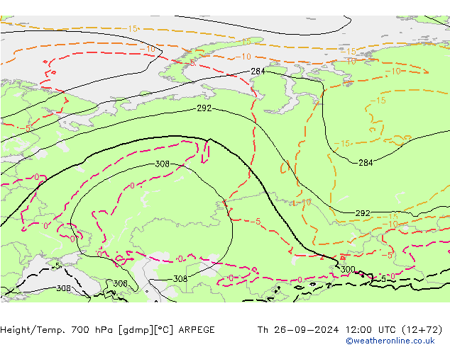 Height/Temp. 700 hPa ARPEGE czw. 26.09.2024 12 UTC