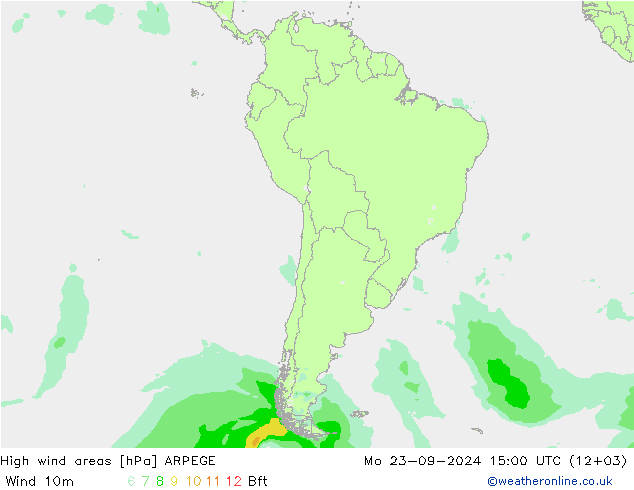 High wind areas ARPEGE Mo 23.09.2024 15 UTC