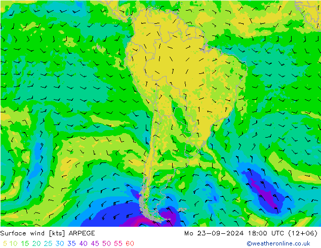 wiatr 10 m ARPEGE pon. 23.09.2024 18 UTC