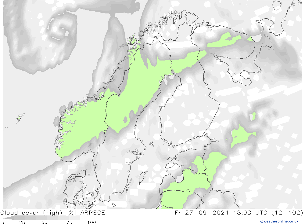 Cloud cover (high) ARPEGE Fr 27.09.2024 18 UTC