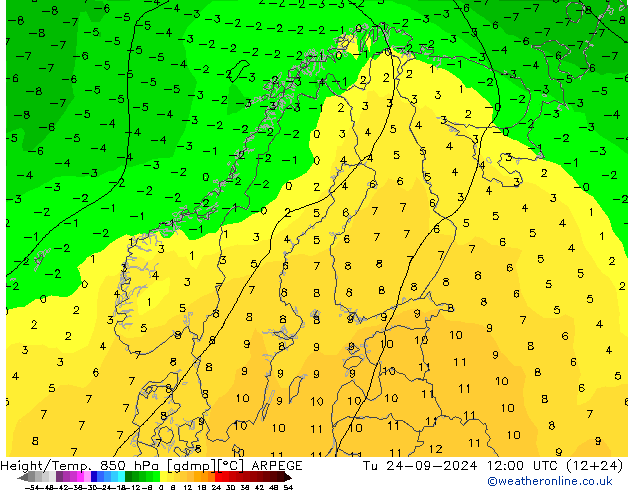 Height/Temp. 850 hPa ARPEGE  24.09.2024 12 UTC