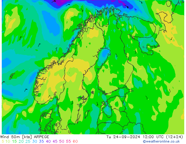 Wind 50m ARPEGE Di 24.09.2024 12 UTC