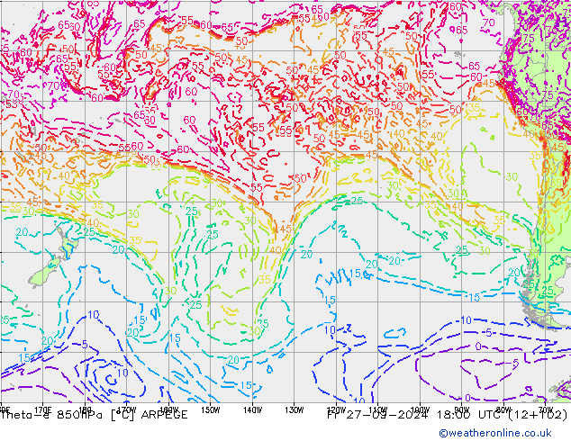 Theta-e 850hPa ARPEGE Sex 27.09.2024 18 UTC