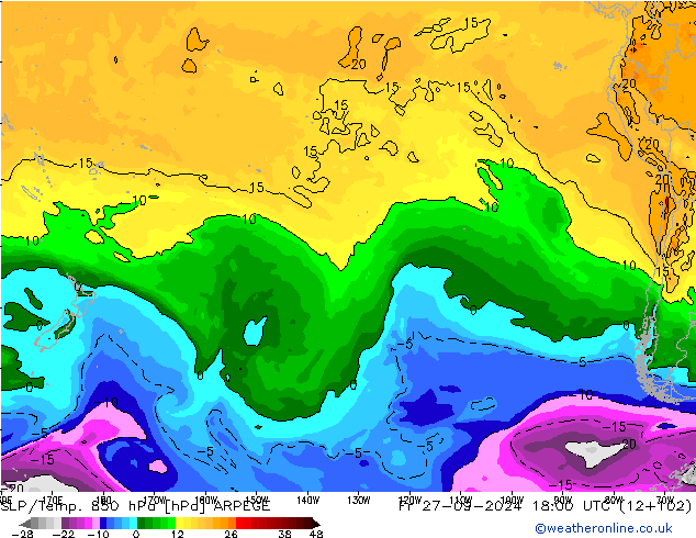 SLP/Temp. 850 hPa ARPEGE vr 27.09.2024 18 UTC