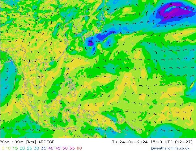 Vento 100m ARPEGE mar 24.09.2024 15 UTC