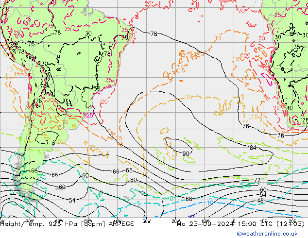 Height/Temp. 925 hPa ARPEGE Mo 23.09.2024 15 UTC