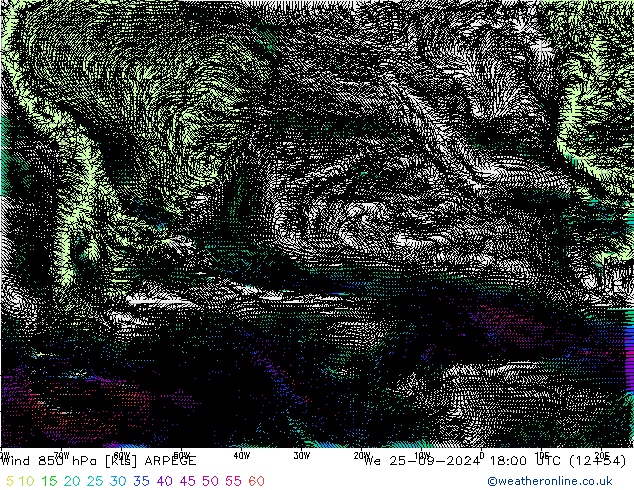 Wind 850 hPa ARPEGE We 25.09.2024 18 UTC