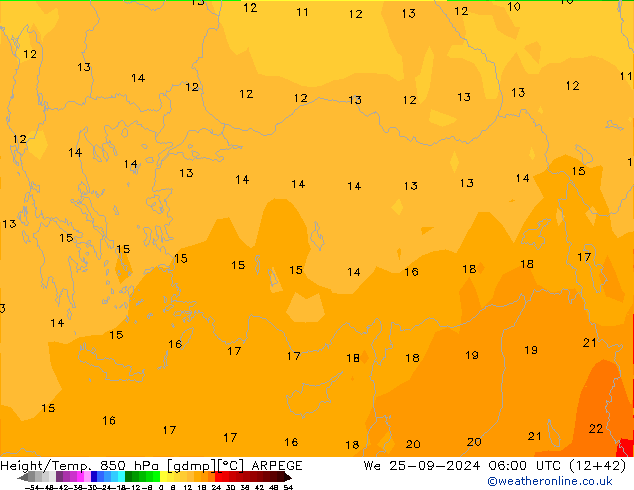 Geop./Temp. 850 hPa ARPEGE mié 25.09.2024 06 UTC