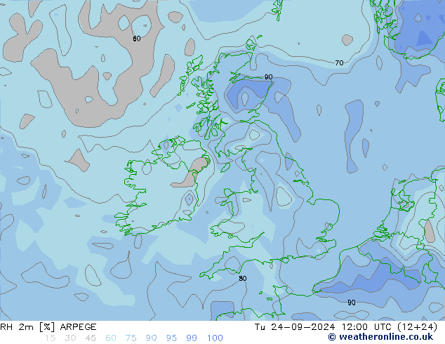 Humedad rel. 2m ARPEGE mar 24.09.2024 12 UTC