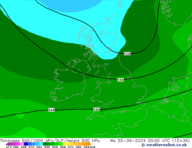 Thck 500-1000hPa ARPEGE  25.09.2024 00 UTC