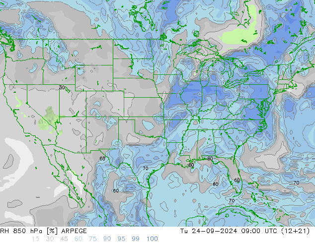 RH 850 hPa ARPEGE Tu 24.09.2024 09 UTC