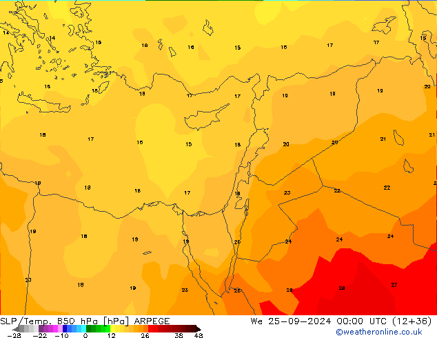 SLP/Temp. 850 hPa ARPEGE mer 25.09.2024 00 UTC