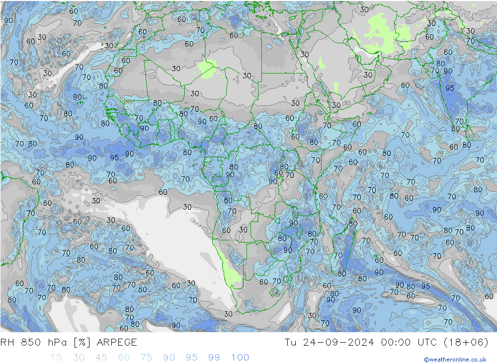 850 hPa Nispi Nem ARPEGE Sa 24.09.2024 00 UTC