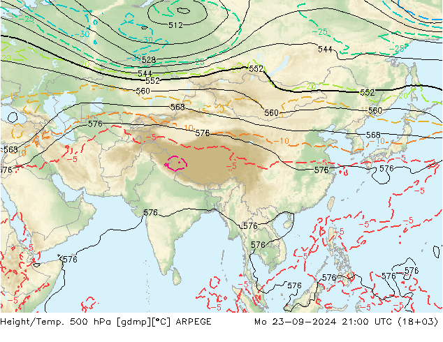 Height/Temp. 500 hPa ARPEGE Mo 23.09.2024 21 UTC