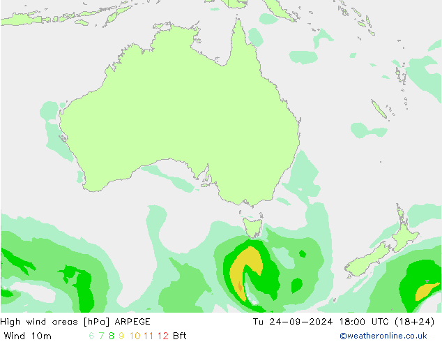 High wind areas ARPEGE Út 24.09.2024 18 UTC