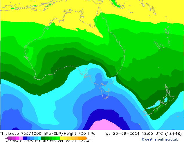 Thck 700-1000 hPa ARPEGE mer 25.09.2024 18 UTC