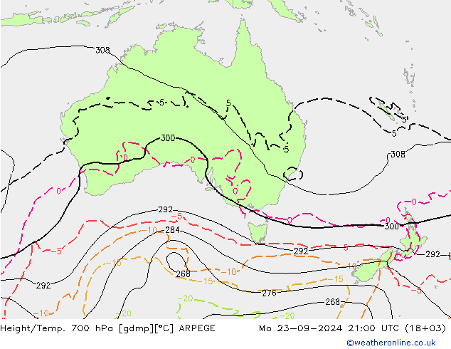 Height/Temp. 700 hPa ARPEGE Mo 23.09.2024 21 UTC