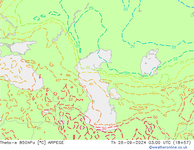 Theta-e 850гПа ARPEGE чт 26.09.2024 03 UTC