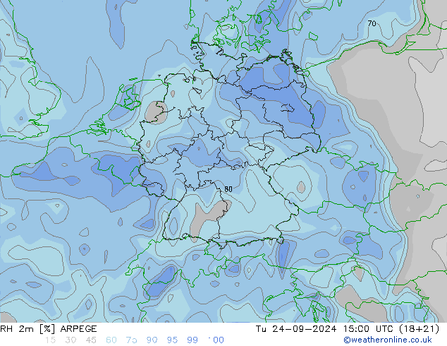 RH 2m ARPEGE Di 24.09.2024 15 UTC