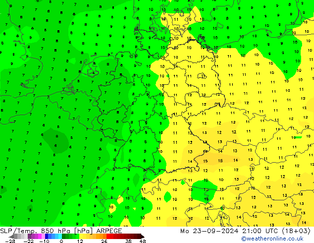 SLP/Temp. 850 hPa ARPEGE lun 23.09.2024 21 UTC