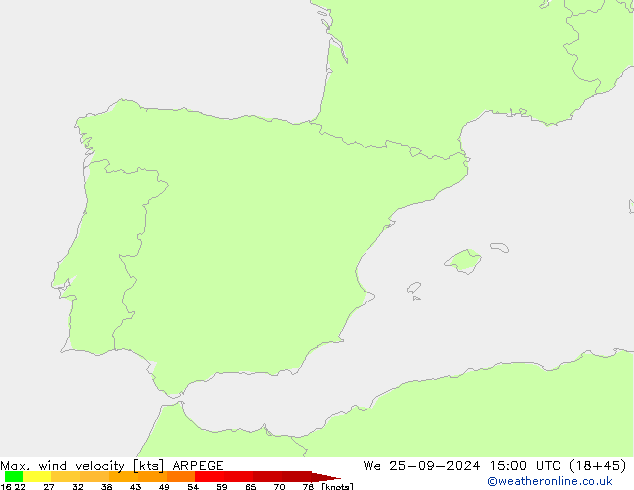 Max. wind velocity ARPEGE  25.09.2024 15 UTC